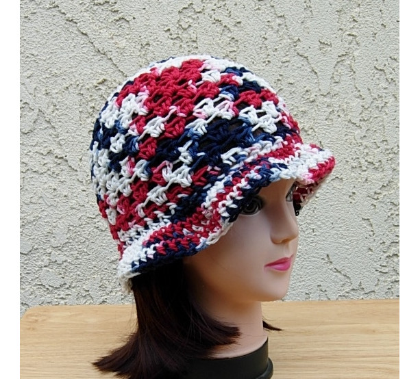 Red White and Blue Summer Beach Sun Hat, Patriotic 4th of July Cotton Lacy Women's Crochet Knit Beanie, Cap, with Brim, Ready to Ship in 3 Days