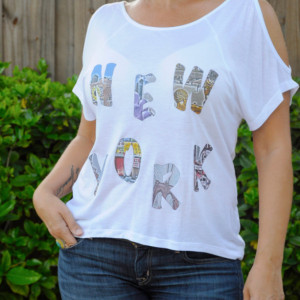 Handmade printed New York photo word top with cold shoulder cutouts and a loose fit