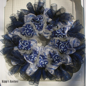 Deco Mesh Wreath, Navy Blue Wreath, Ribbon Wreath, Embroidered Ribbon, Blue Wreath, Tulle Wreath, Door Decor, Wall Decor