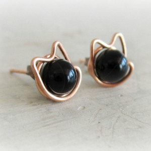 Black Cat Stud Earrings, Copper Wire Wrapped Posts, Halloween Earrings, Black Onyx Studs, Kitty Cat, Black Cat Earrings,Copper Stud Earrings