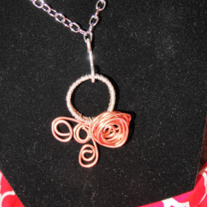 Wire Wrapped Necklace, Natural Copper, Sterling Silver, Rose Pendant