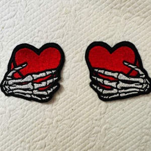 Spooky Goth Skeleton Hand Heart Valentines Embroidered Iron On Applique’ Booby Booty Patch Pair