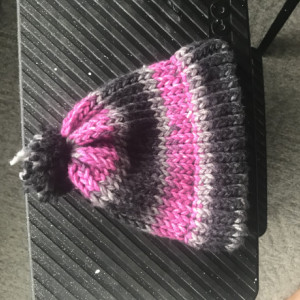 Gray and Pink Hat with Pom-Pom