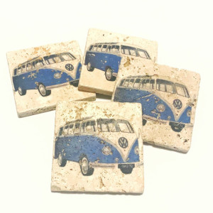 Blue VW Bus, Natural Stone Coasters, Set of 4, Full Cork Bottom, Volkswagen Bus, Vintage Bus, Rustic Decor, Travertine