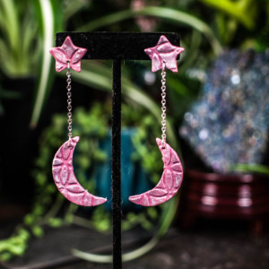 Polymer clay pink moon & stars dangle earrings