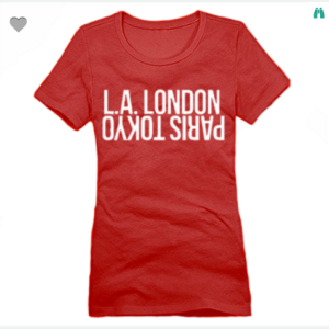 LA London Paris Tokyo XS To XL District Brand Crew T-shirt For Women In Red With White Ink