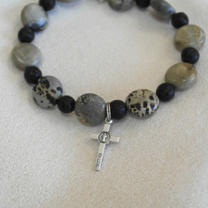 One Decade Rosary of Picasso Jasper and Lava Beads