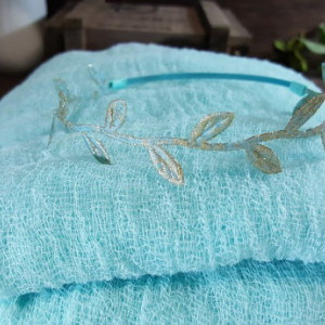 Adorable Teal Cheesecloth & Teal/Gold Glitter Leaves Headband Set