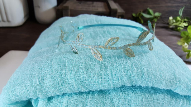 Adorable Teal Cheesecloth & Teal/Gold Glitter Leaves Headband Set