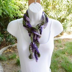 Lilac, Purple and Green Skinny SUMMER SCARF Women's Small Soft Spiral Knit Narrow Lightweight Twisted Long Neck Tie, Ready to Ship in 2 Days