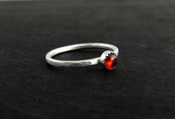 Garnet Sterling Silver Dapple Hammered Ring 1.5mm Handmade Forged Band - stacking ring -