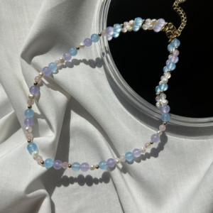 Blue and Pink Jade, Freshwater Pearl Beaded Necklace