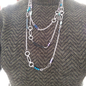 3 Strand Silver Embossed Layered Chain and Bead Necklace, Purple, Turquoise and Blue Bead Accented Rope Length Necklace, by Cumulus Luci