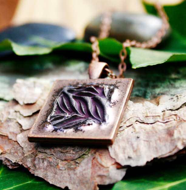 Dark purple leaves on copper pendant with necklace