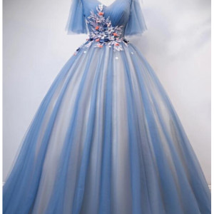 Blue Tulle Short Sleeve V Neck 3D Lace Applique Long Prom Dress, Formal Dress