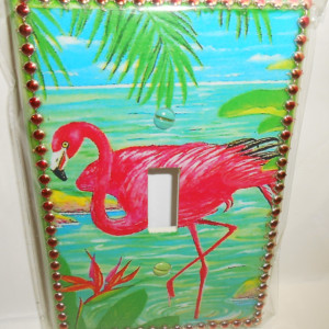 Custom Crafted Decorative Flamingo Design Single JUMBO Size Light Switchplate Cover with Raised Edge Trimming (grn)