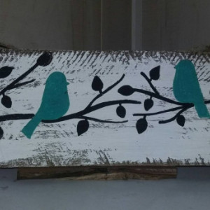 Birds on a limb sign, teal bird wooden sign, small birds wood sign, birds in trees wall art, bird home decor, bird painting, small sign gift