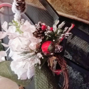 Grapevine Stocking Wreath Decoration With Female Cardinal White Roses and Pine Cones