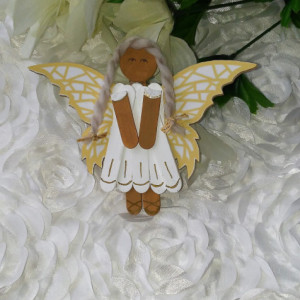 Wood Angel Charm / Ethnic Angel / White Dress Gold Accents / Mosaic Gold Butterfly Wings / Hanging Angel Art / Gift for Angel Lover