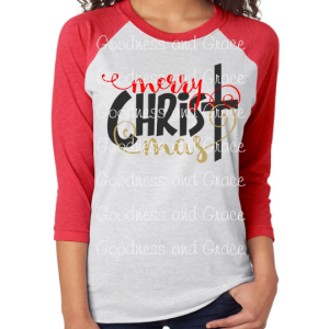 Merry Christmas Raglan - Merry CHRIST Mas Shirt - Christmas Monogram with Red Sleeves - Youth & Adult Sizes Available - Santa, Reindeer, Elf