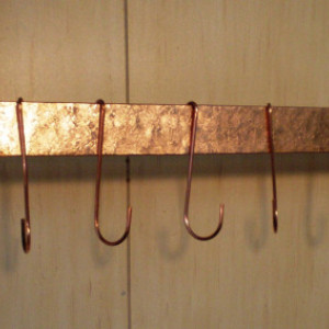 24 W x 5 D x 1-1/2 H Wall Mounted Hammered SOLID COPPER Pot Rack & 8 Pot Hooks - FREE Shipping to U S Zip codes