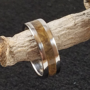 size 10 1/2 walnut burl ring, Stainless Steel core and edging accent this beautiful ring, 8mm wide band