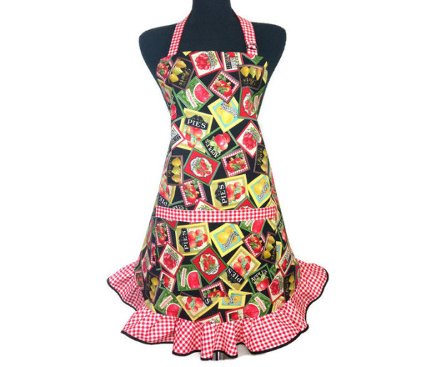 Retro Kitchen Apron for Women , Fruit Labels , Farmers Market , Red and White Check Ruffle