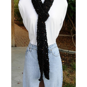Off Black Tweed Extra Long Skinny Scarf, Dark Charcoal Soft Thick Crochet Knit Narrow Wrap, Women's Neck Tie Scarf, Ready to Ship in 3 Days