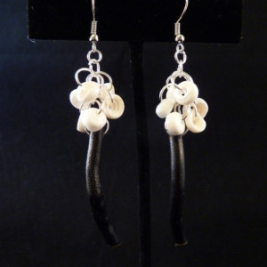 Hawaiian White Puka Shell Clustered Over Blac Branch Coral Earrings