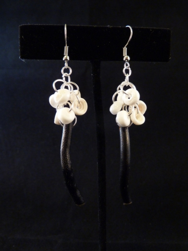 Hawaiian White Puka Shell Clustered Over Blac Branch Coral Earrings