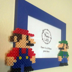 4x6 Picture Frame with Perler Made Mario & Luigi- Geekery- Nerd Love- Retro-NES- Bros