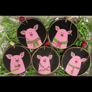 Adorable Pink Pig Wood Slice Ornament Set of 5 - Handcrafted Farmhouse Decor!