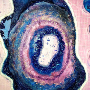 Eco-Epoxy Resin Geode "Northern Lights" 19Lx16Wx1H. Bright and glittery, this geode is a real attention getter. Many gemstones and Crystals