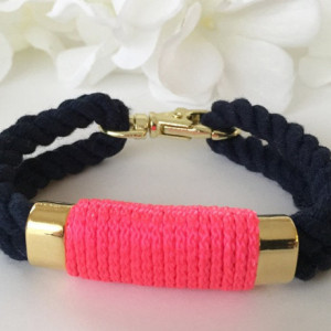 Nautical Navy Blue Double Rope Bracelet with Neon Pink Wrap