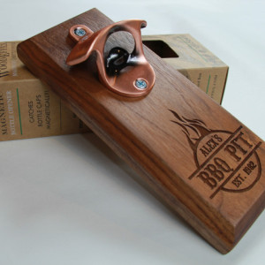 Bottle Opener Magnetic Cap Catcher - Handcrafted Walnut Wood with Antique Bronze Opener - Custom Text/Logo/Design