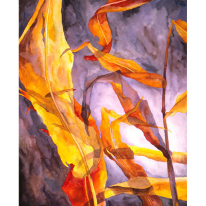 metal print: marsala, yellow, orange, red, gray, violet, blue, brown autumn leaves art metal print of watercolor painting by Hawaii artist Donia Lilly
