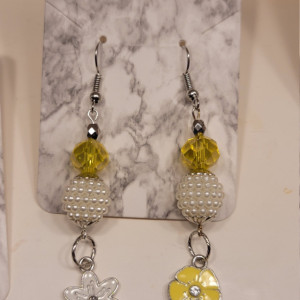 Yellow and white bead with flower charm earrings
