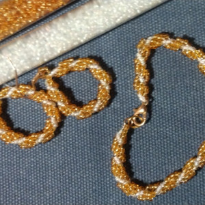 Gold and White Spiral Beaded Rope Bracelet and Earring Set