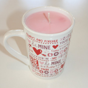 Valentine's Day Red and White Hearts and Arrow Sweet Pea Scented 15 oz Pink Soy Wax Mug Candle