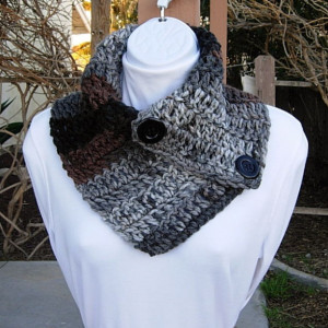 NECK WARMER SCARF Black Gray Grey Dark Brown, Black Buttons, Soft Acrylic Crochet Knit Buttoned Cowl Scarflette, Ready to Ship in 3 Days