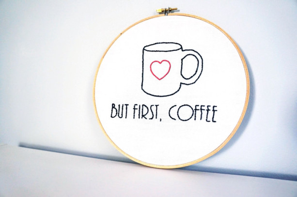 finished art kitchen art 6 inch hoop art embroidery art But first coffee