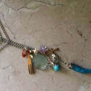 Boho Long Necklace with turquoise stone claw pendant & charms, #N00147