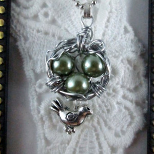 Mama Bird Nest with Green Pearl Egg Pendant Necklace