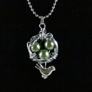 Mama Bird Nest with Green Pearl Egg Pendant Necklace