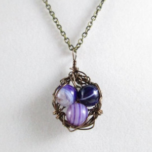 Mama Bird Nest with Purple Agate Gemstone Egg Pendant Necklace