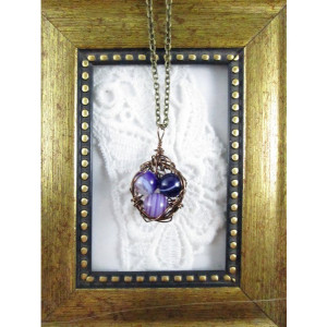Mama Bird Nest with Purple Agate Gemstone Egg Pendant Necklace