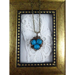 Bird Nest with Blue Turquoise Egg Pendant Necklace