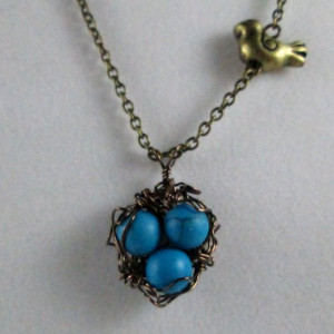 Bird Nest with Blue Turquoise Egg Pendant Necklace