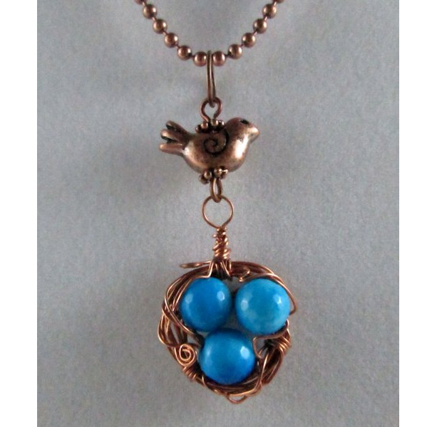 Mama Bird Nest with Sky Blue Gemstone Egg Pendant Necklace