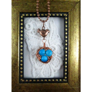 Mama Bird Nest with Sky Blue Gemstone Egg Pendant Necklace